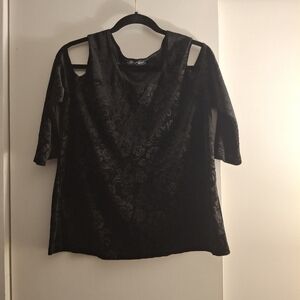 Slinky Brand Cold Shoulder Velvet Black Women's Top With Floral Pattern